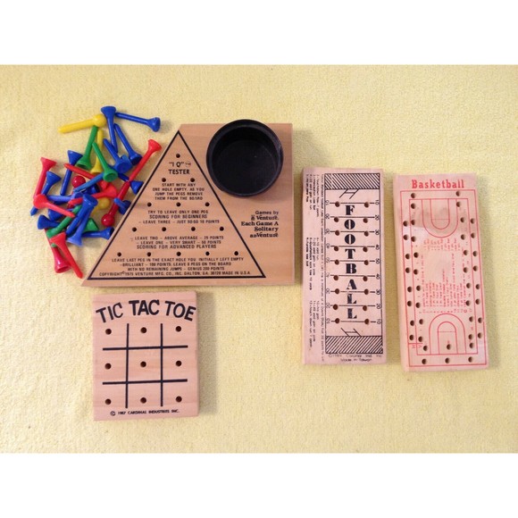 (4) Wood Peg Games Brain Teasers Tic Tac Toe Football basketball IQ Tester - Picture 1 of 4